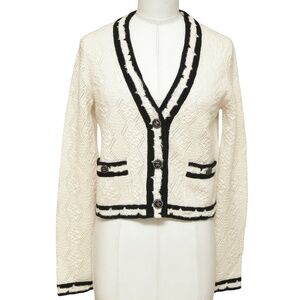 CHANEL Cardigan Sweater Knit Ivory Black Long Sleeve Cashmere V-Neck Sz 34 2022